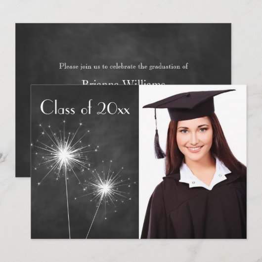 Chalkboard Photo Sparkler Afstuderen Invite Kaart (Voorkant / Achterkant)
