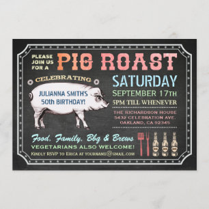 Chalkboard Pig Roast Invitations (Classy & Casual) Kaart