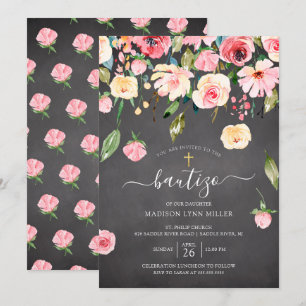 Chalkboard Pink Peonies Floral Spain Baptisme Kaart
