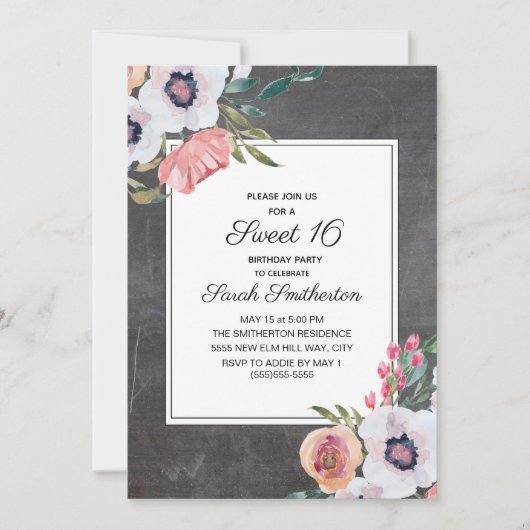 Chalkboard Pink White Floral Sweet 16 Kaart (Voorkant)