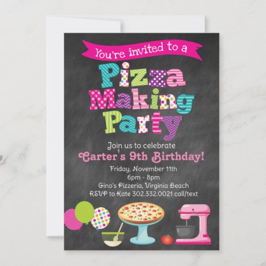Chalkboard Pizza Making Party Invitation (Girl's) Kaart (Voorkant)