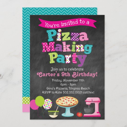 Chalkboard Pizza Making Party Invitation (Girl's) Kaart (Voorkant / Achterkant)