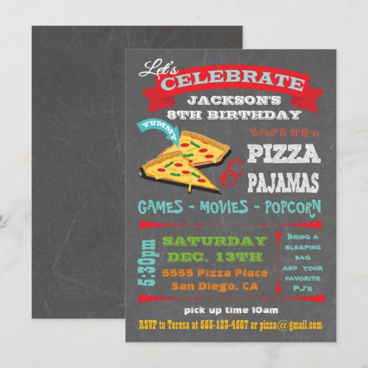 Chalkboard Pizza & Pajamas Birthday Party Kaart (Voorkant / Achterkant)