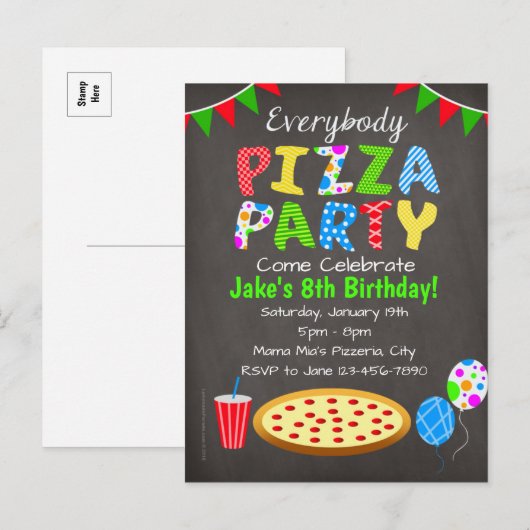 Chalkboard Pizza Party Invitation Briefkaart (Voorkant / Achterkant)