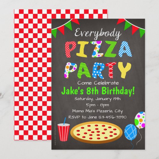 Chalkboard Pizza Party Invitation Kaart (Voorkant / Achterkant)
