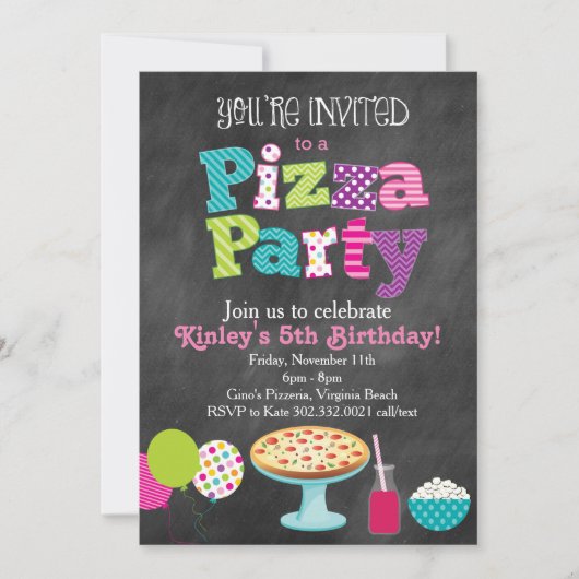 Chalkboard Pizza Party Uitnodiging (Meisje) (Voorkant)