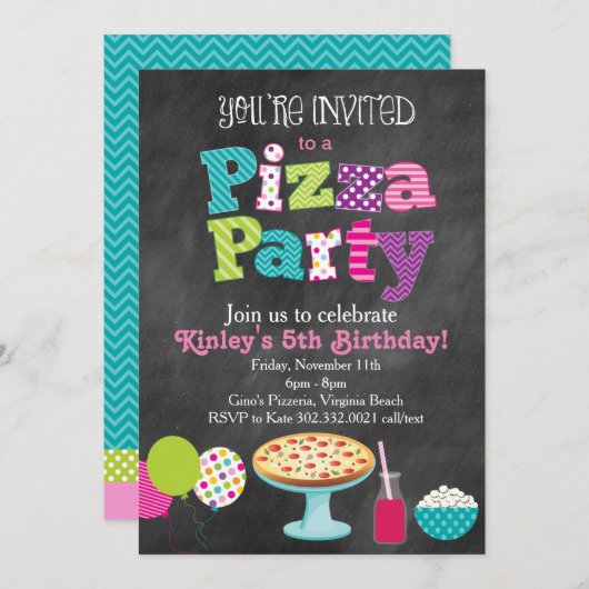 Chalkboard Pizza Party Uitnodiging (Meisje) (Voorkant / Achterkant)