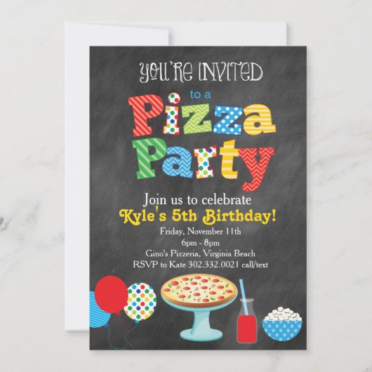 Chalkboard Pizza Party Uitnodiging (primaire kleur (Voorkant)