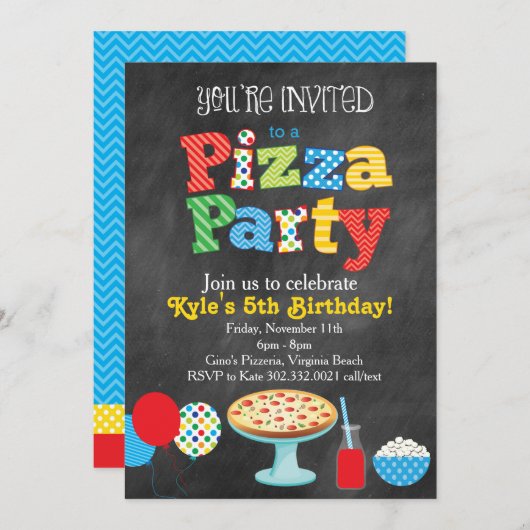 Chalkboard Pizza Party Uitnodiging (primaire kleur (Voorkant / Achterkant)
