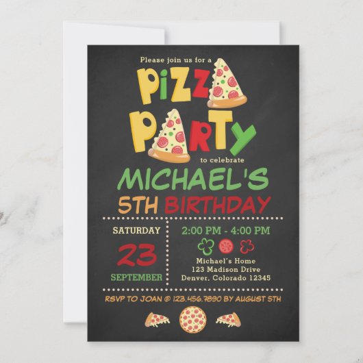 Chalkboard Pizza Party Verjaardag Uitnodiging (Voorkant)
