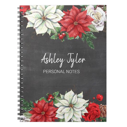 chalkboard poinsettias holly girly gepersonaliseer notitieboek (Voorkant)