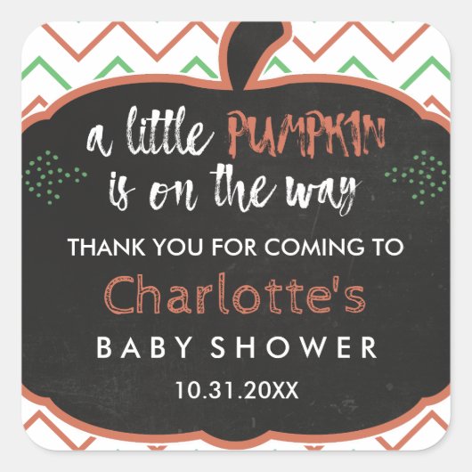 Chalkboard pompoen & Chevron Baby shower Dank u Vierkante Sticker (Voorkant)