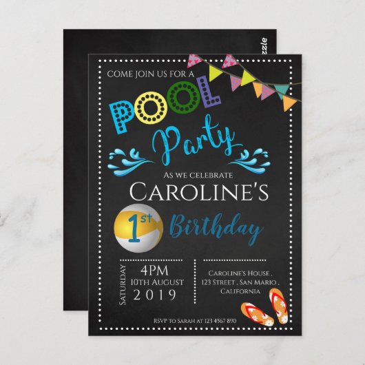 Chalkboard Pool Party 1e verjaardag uitnodiging (Voorkant / Achterkant)