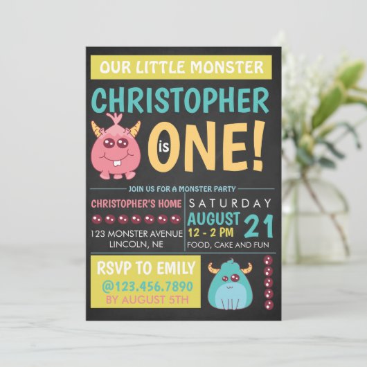 Chalkboard Poster Monster Verjaardagsfeest Uitnodi Kaart (Staand voorkant)