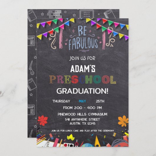 Chalkboard Preschool Afstuderen Invitation Kaart (Voorkant / Achterkant)