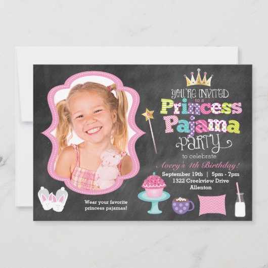 Chalkboard Princess Pajama Party Photo Invitation Kaart (Voorkant)