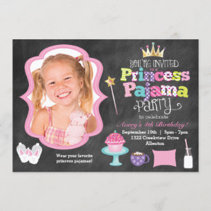 Chalkboard Princess Pajama Party Photo Invitation Kaart