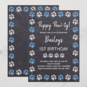 Chalkboard Puppy Pawty Blue Dog Birthday Kaart (Voorkant / Achterkant)