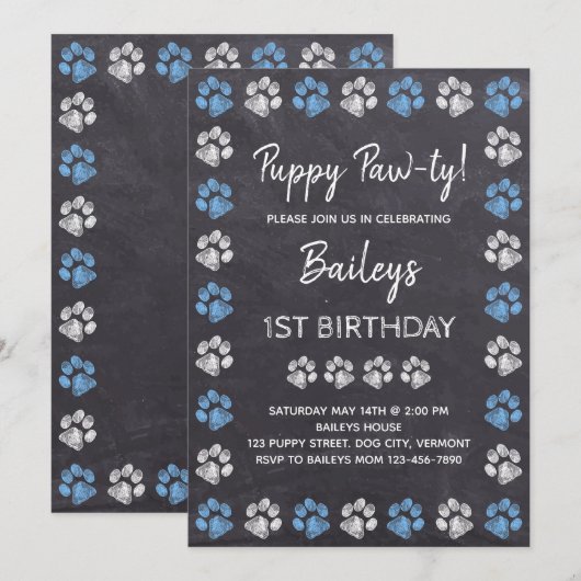 Chalkboard Puppy Pawty Blue Dog Birthday Kaart (Voorkant / Achterkant)