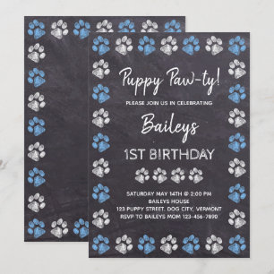 Chalkboard Puppy Pawty Blue Dog Birthday Kaart