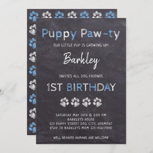 Chalkboard Puppy Pawty Dog Birthday Kaart (Voorkant / Achterkant)