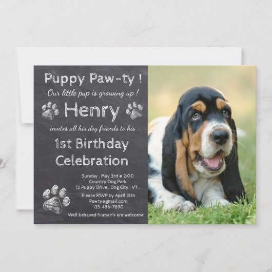 Chalkboard Puppy Pawty - Pet Photo Birthday Party Kaart (Voorkant)