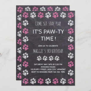 Chalkboard Puppy Pawty Pink Birthday Kaart