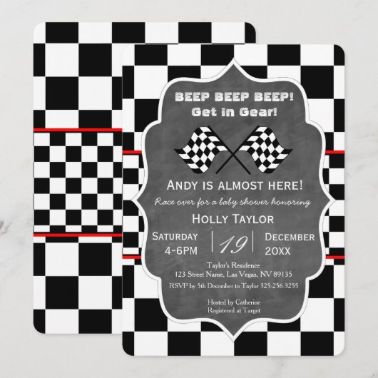 Chalkboard Racing Baby shower Invitation Kaart (Voorkant / Achterkant)