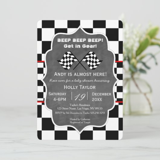 Chalkboard Racing Baby shower Invitation Kaart (Staand voorkant)