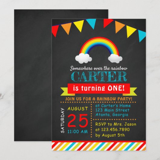 Chalkboard Rainbow Birthday Party Kaart (Voorkant / Achterkant)
