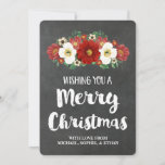 Chalkboard Red Floral Merry Christmas Kaart<br><div class="desc">Vrolijke Kerstmis familie fotokaart met aangepaste naam in rustieke landelijke krijtbordpatroon met  rode en witte bloemen.</div>