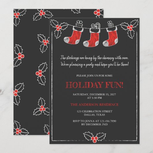 Chalkboard Red n White Hanging Stockings Kerstmis Kaart (Voorkant / Achterkant)