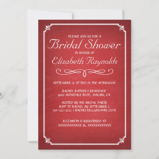 Chalkboard Red & White Bridal Shower Invitations Kaart (Voorkant)