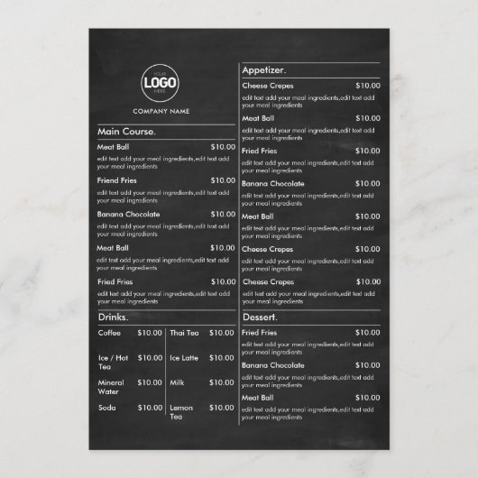 Chalkboard Restaurant Table Menu Cards Flat Black (Voorkant)