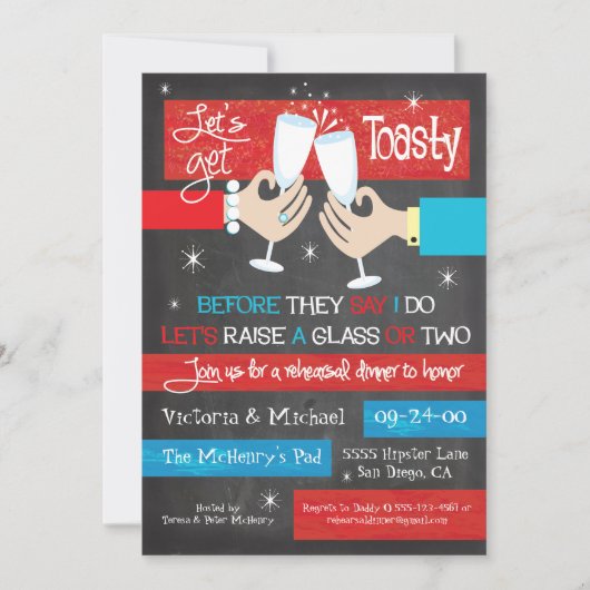 Chalkboard Retro Champagne Toast Rehearsal Dinner Kaart (Voorkant)