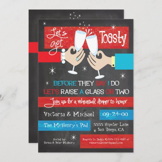 Chalkboard Retro Champagne Toast Rehearsal Dinner Kaart (Voorkant / Achterkant)