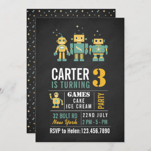Chalkboard Robots Birthday Party Invitation Kaart