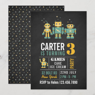 Chalkboard Robots Verjaardagsfeestje Uitnodiging