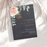 Chalkboard roos gouden bloemengroen grijs bruiloft kaart<br><div class="desc">Achtergrond krijtbord. Versierd met een rozen gouden en blozend roze bloemblaadje,  rozen bloemblaadjes en groene watergekleurde eucalyptusbladeren,  takjes,  groen en een nepgouden tak. Personaliseer en voeg uw namen en gegevens toe. Witte en goudkleurige tekst.</div>