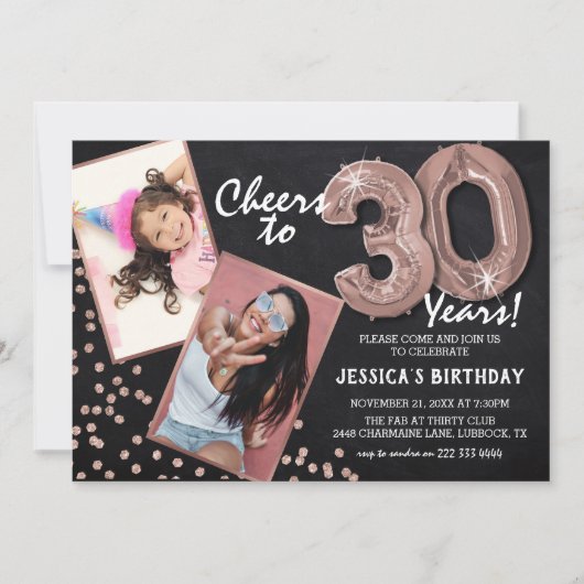 Chalkboard Rose Gold Balloons 2 Foto 30th Birthday Kaart (Voorkant)