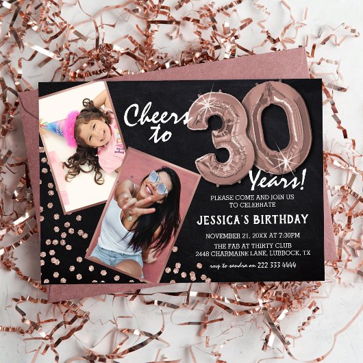 Chalkboard Rose Gold Balloons 2 Foto 30th Birthday Kaart