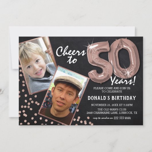 Chalkboard Rose Gold Balloons 2 Foto 50th Birthday Kaart (Voorkant)