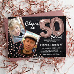 Chalkboard Rose Gold Balloons 2 Foto 50th Birthday Kaart<br><div class="desc">Viel de BIG 50! Deze nodigt u uit om een foto te uploaden voor en na de foto van het verjaardagscadeau man of vrouw in een roos gouden lijst, met de titel "Cheers to 50 Years!". Met een rustige krijtbordachtergrond, roos gouden ballonnen, roos goudglitterflecks en een eenvoudige, gemakkelijk aan te...</div>