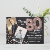 Chalkboard RoseGold Ballonnen 2 Foto 80e Verjaarda Kaart (Staand voorkant)