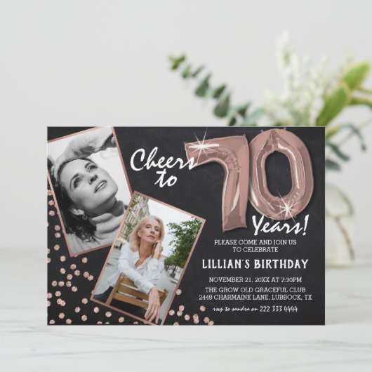 Chalkboard RoseGold Balloons 2 Foto 70th Birthday Kaart (Staand voorkant)