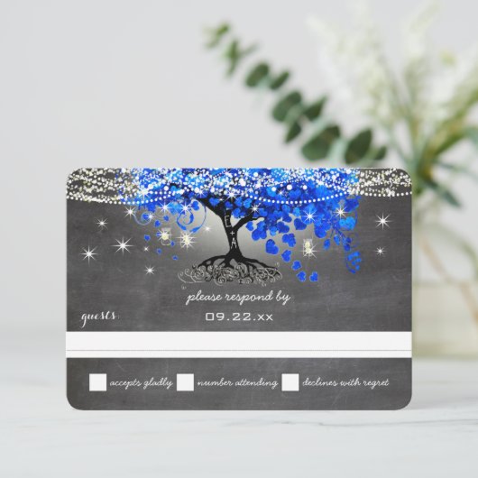 Chalkboard Royal Blue Heart Leaf Tree Mason Jar RSVP Kaartje (Staand voorkant)
