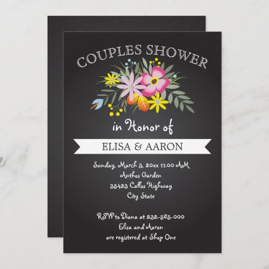 Chalkboard roze bloemen bruiloft koppels douche kaart (Voorkant / Achterkant)