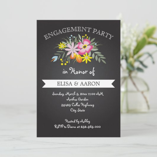 Chalkboard roze bloemen bruiloft verlovingsfeest kaart (Staand voorkant)