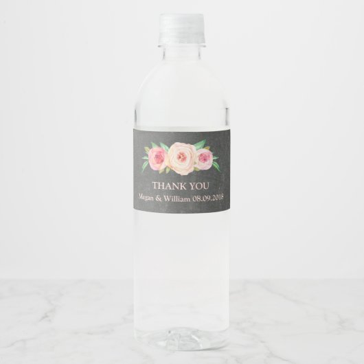 Chalkboard Roze Bloemen Water Fles Label Waterfles Etiket (Voorkant)