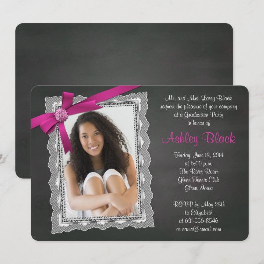 Chalkboard Roze Bow Ribbon Lace Foto Afstuderen Kaart (Voorkant / Achterkant)